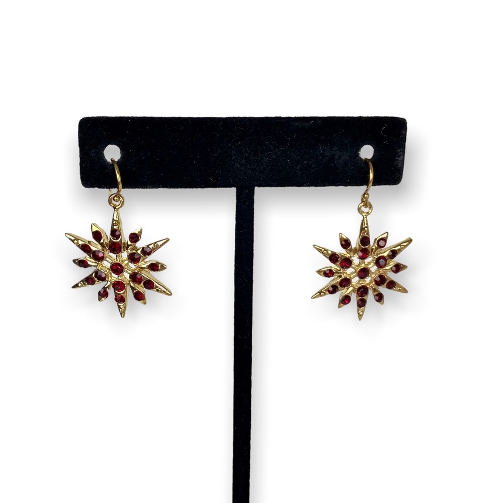 Swarovski Crystal Ruby Red Starburst Dangle Earrings Gold Overlay